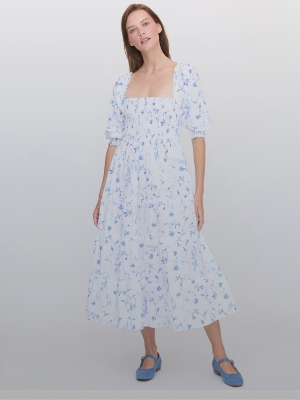 Hill House Home Smocked Square-Neck Floral Midi Dress in Light Blue